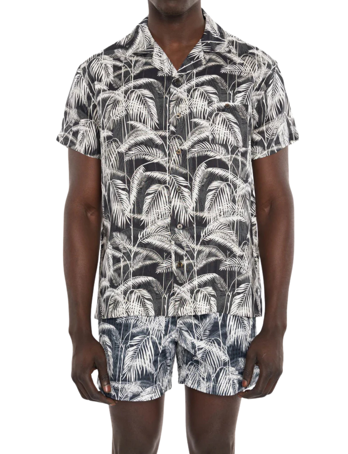 Linen Short Sleeve Shirt with Palm Print