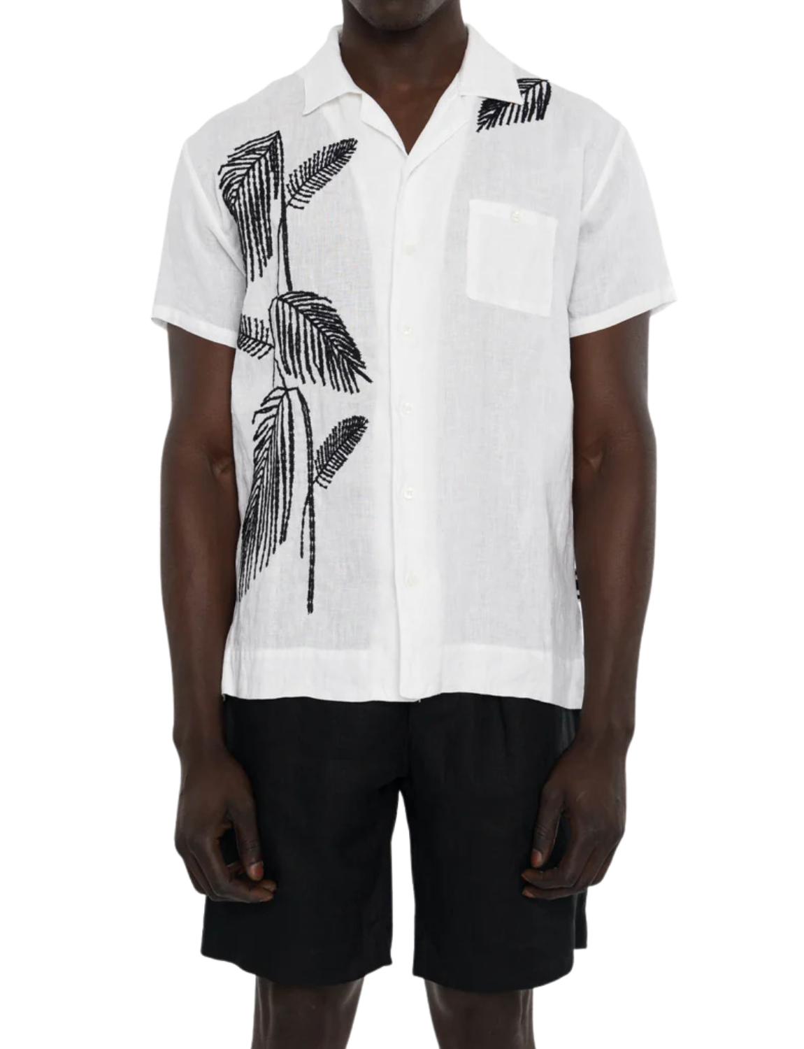 Linen Short Sleeve Shirt with Palm Embroidery