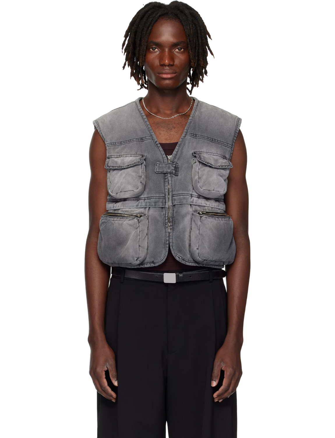 Gray Wadded Denim Cargo Vest