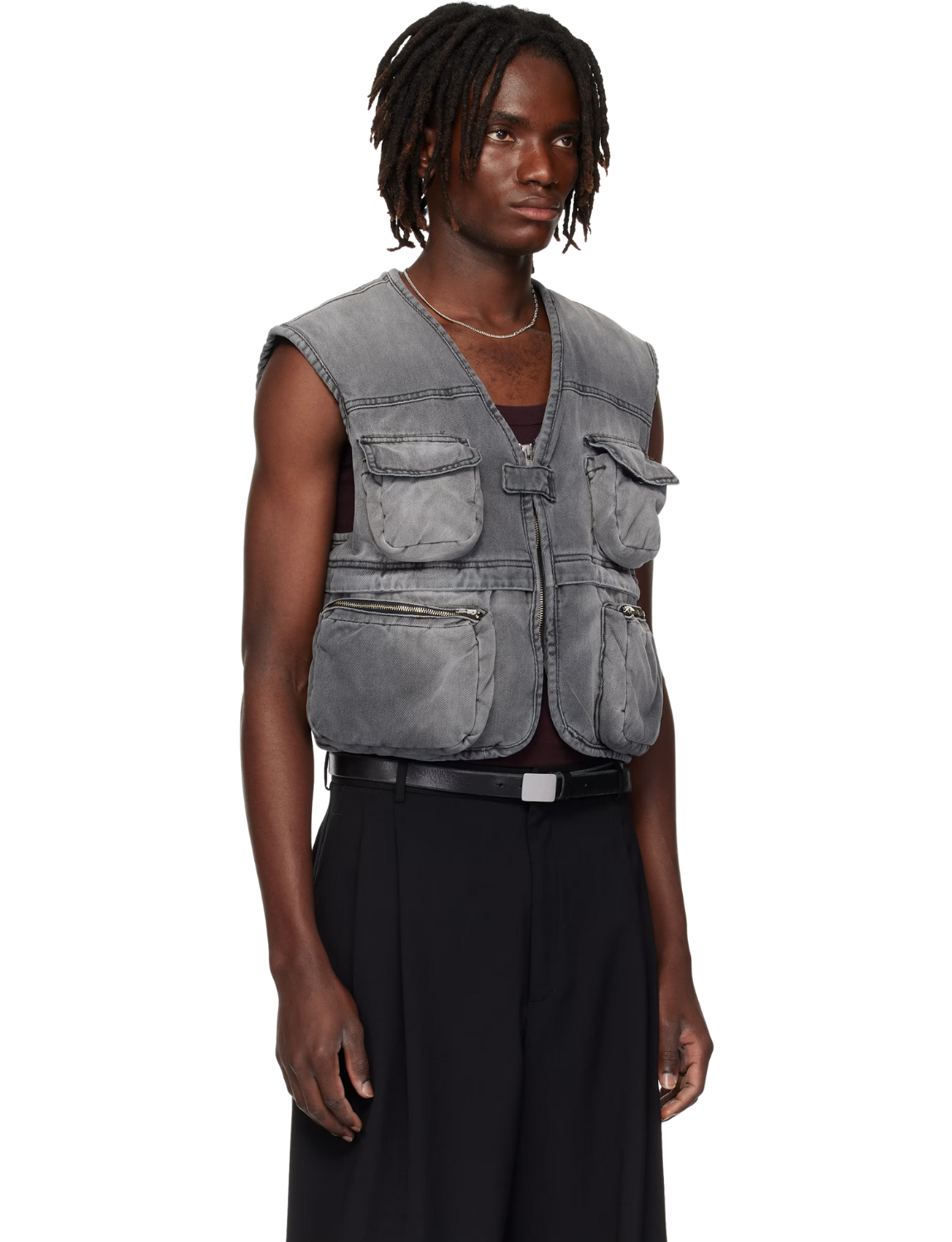Gray Wadded Denim Cargo Vest