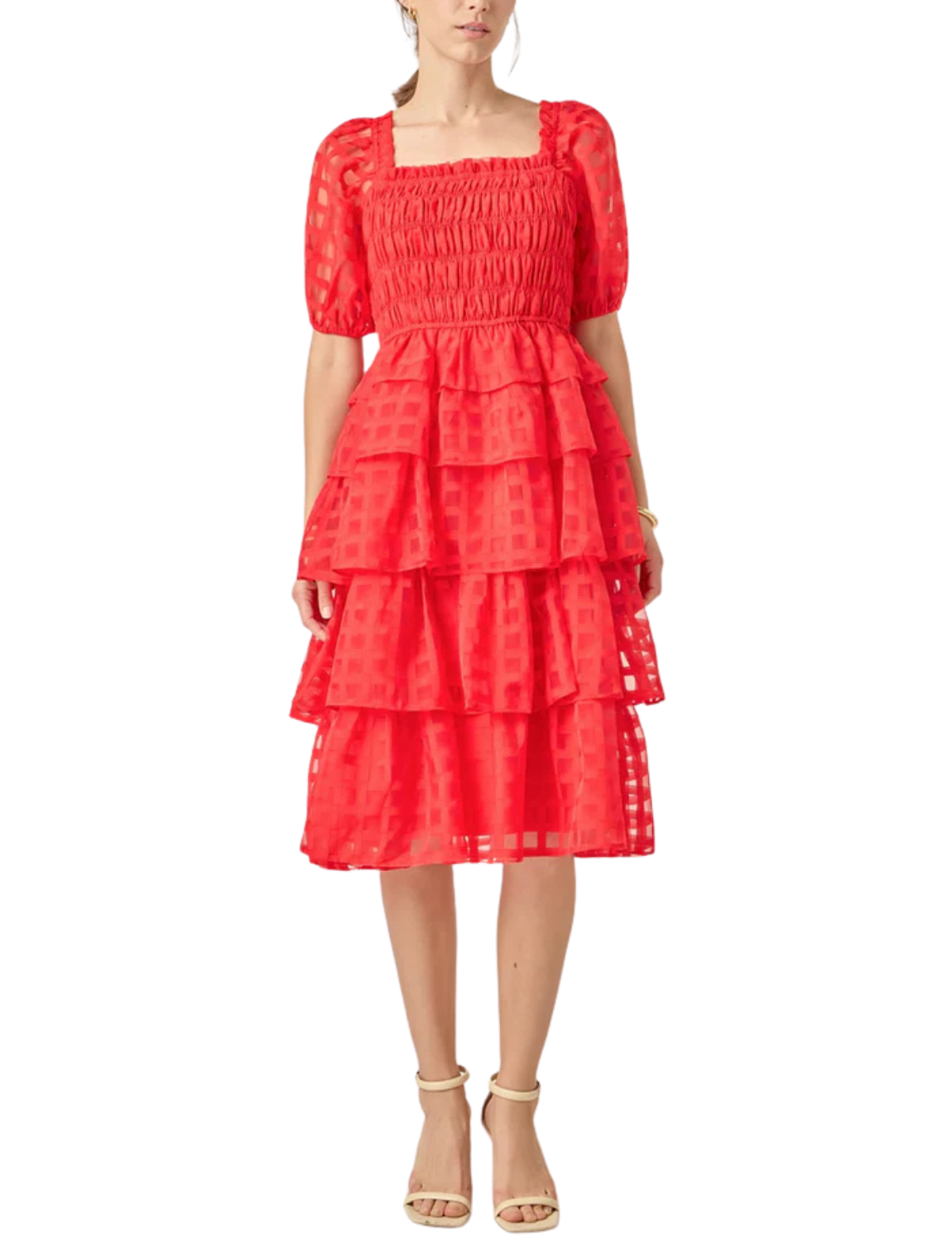 Check Organza Tiered Midi Dress