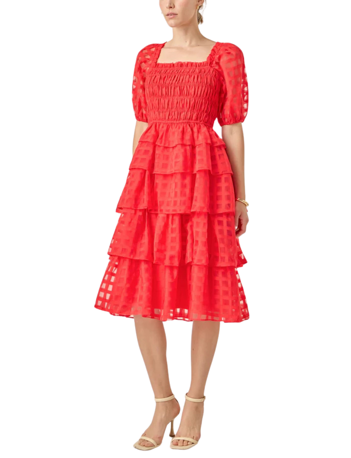 Check Organza Tiered Midi Dress