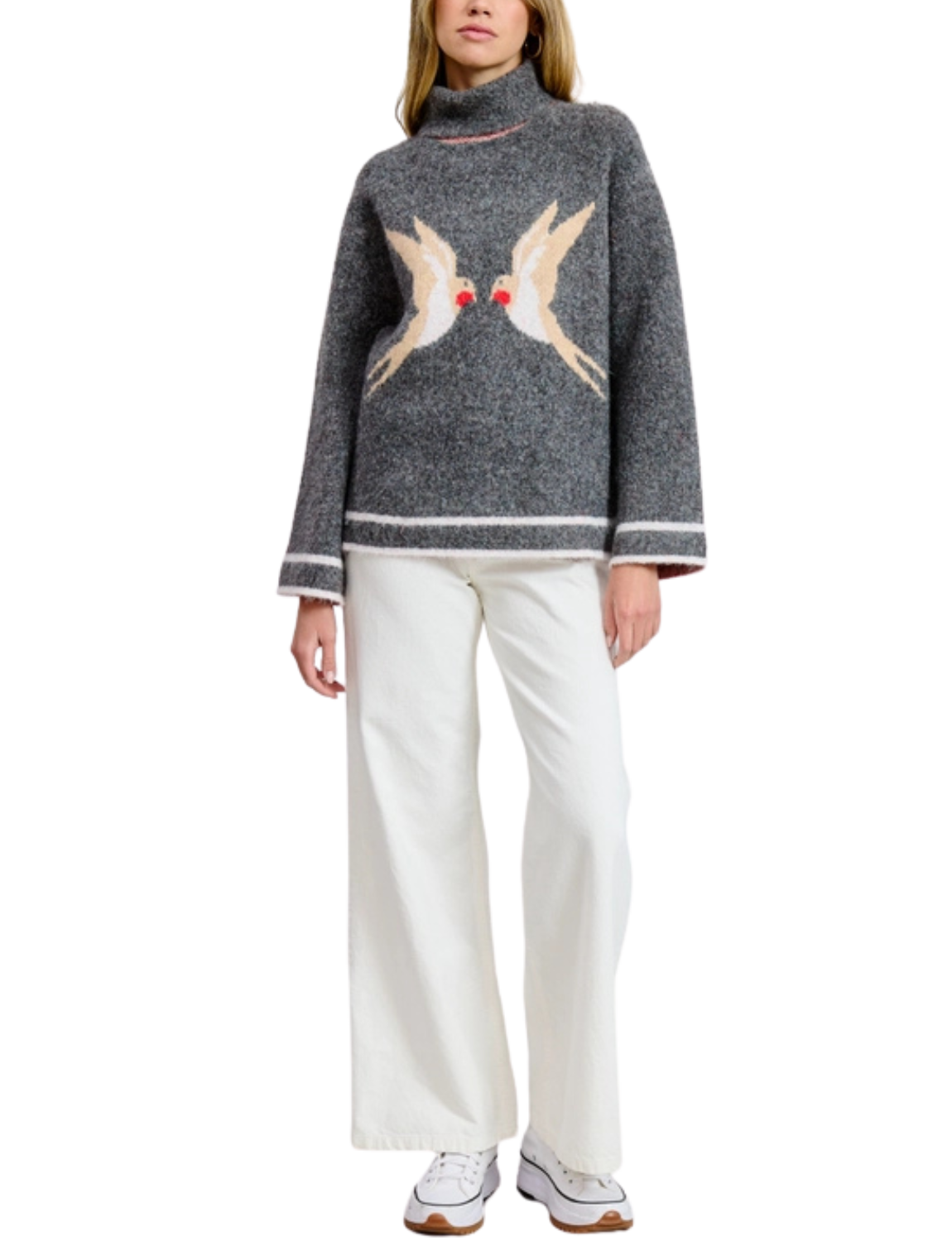 Birds Turtleneck Pullover Sweater