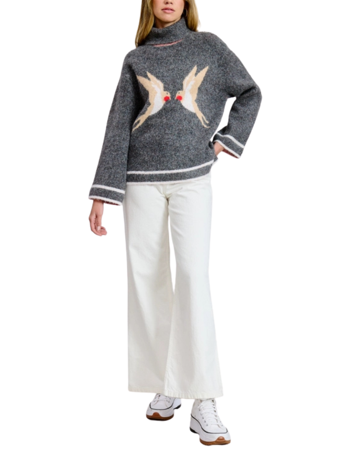 Birds Turtleneck Pullover Sweater