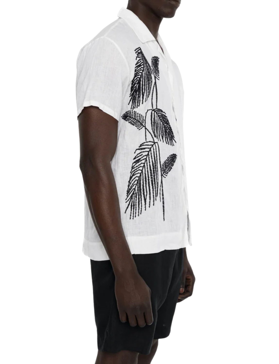 Linen Short Sleeve Shirt with Palm Embroidery